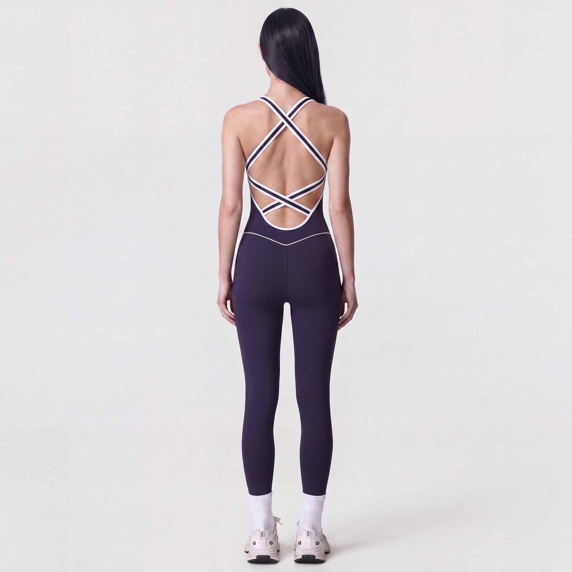 Sleeveless One Piece Active Jumpsuit with Contrast Piping Scoop Neck and Full Length Legging Fit