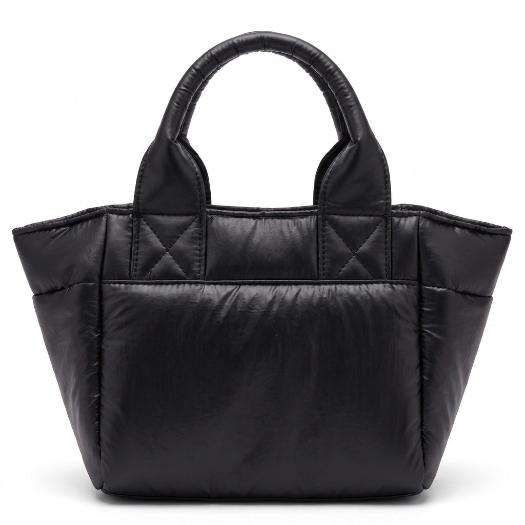 Padded Puffer Tote Bag with Rounded Top Handles and Exterior Front Pocket 13x6.5x4in