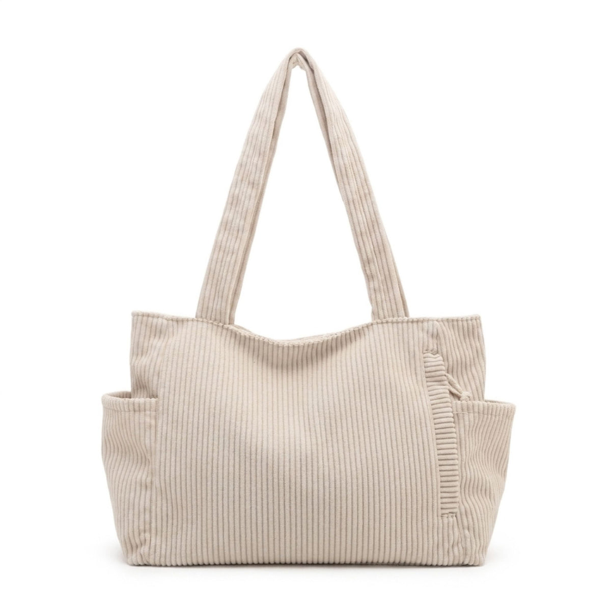 Corduroy Tote Bag Large Capacity Shoulder Bag with Side Pockets and Zipper Closure