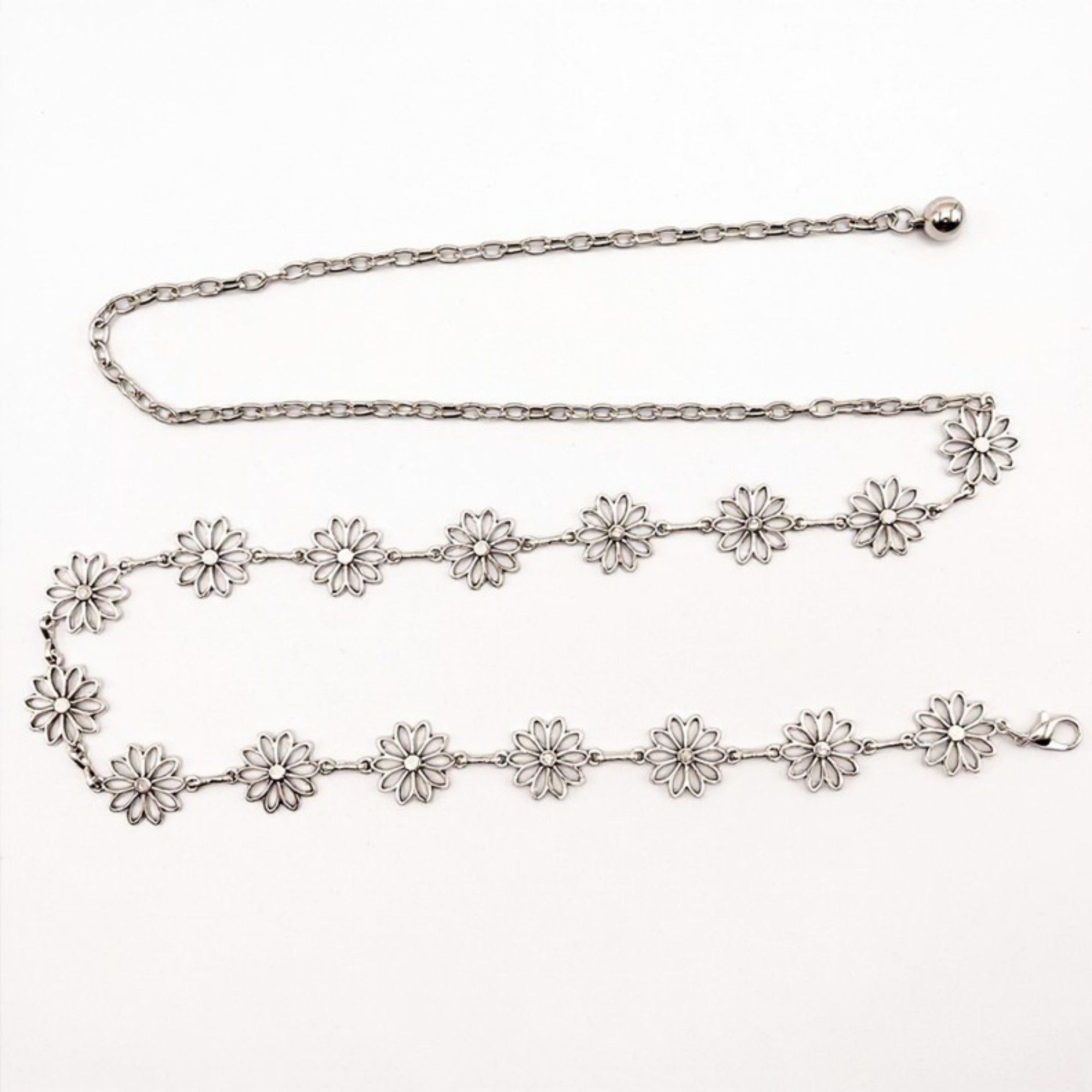 Anna-Kaci Women's Floral Metal Chain Belt with Adjustable Link and Drop Detail 45.5in