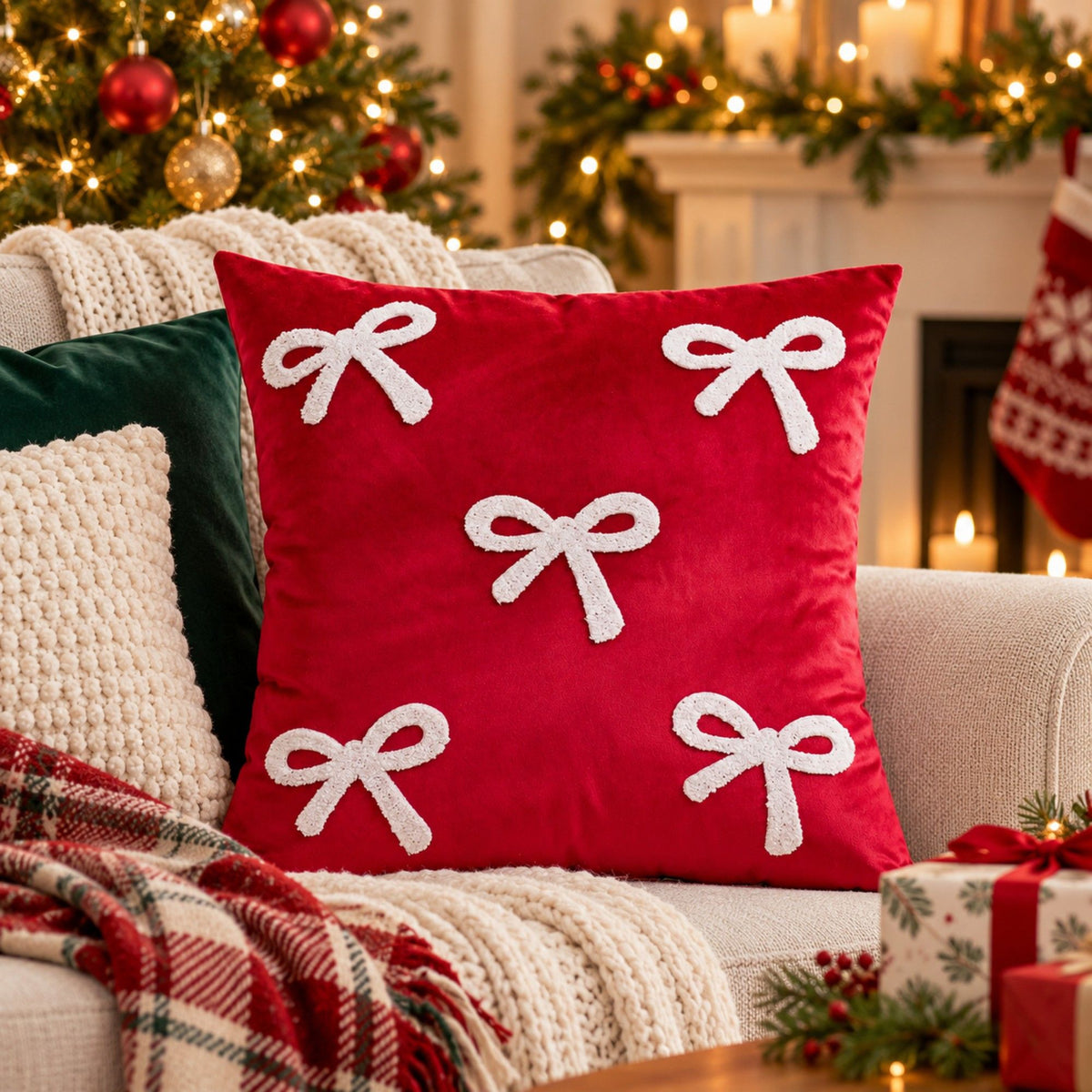 1 Piece Decorative Bow Throw Pillow Cover Soft Velvet Christmas Accent 18 x 18 Inch
