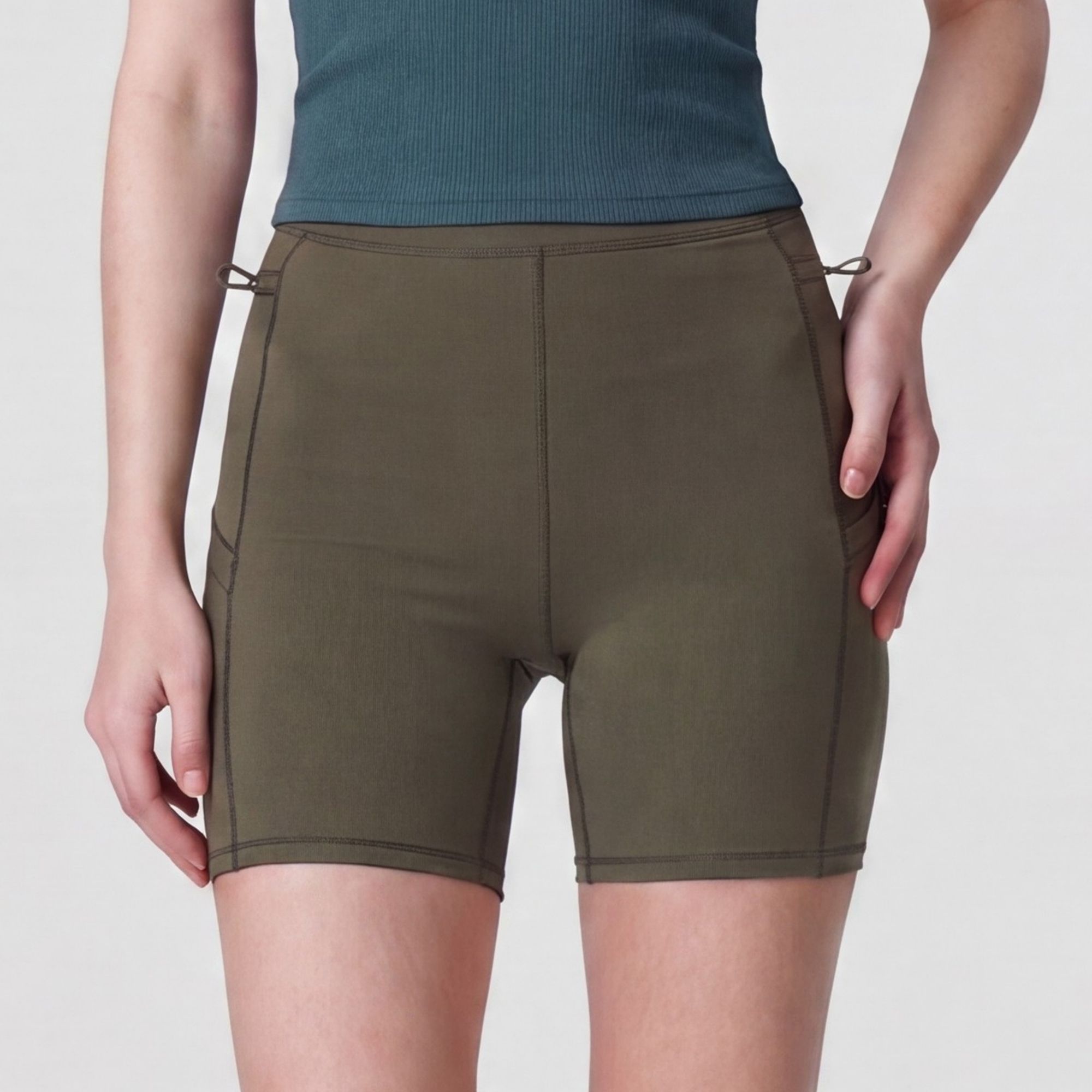 High Waist Ribbed Biker Shorts with Side Pocket and Adjustable Drawcord Detail