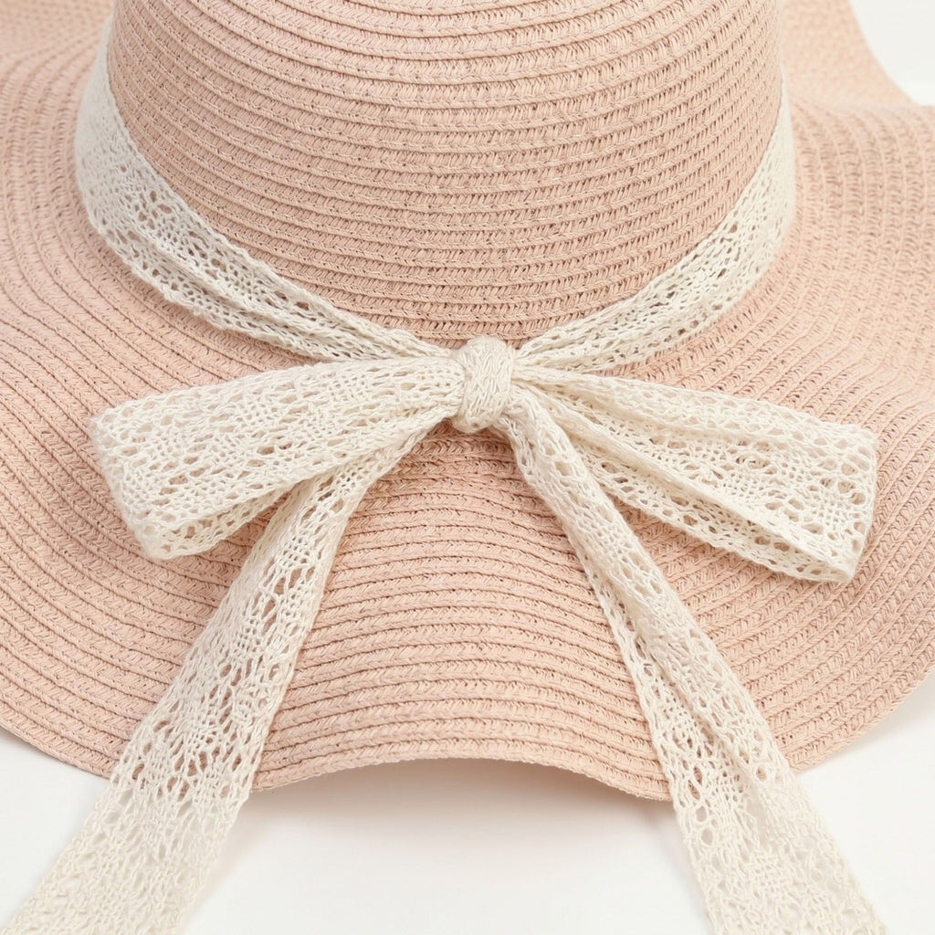 Women's Wide Brim Straw Sun Hat Lace Ribbon Tie Lightweight Summer Beach Hat
