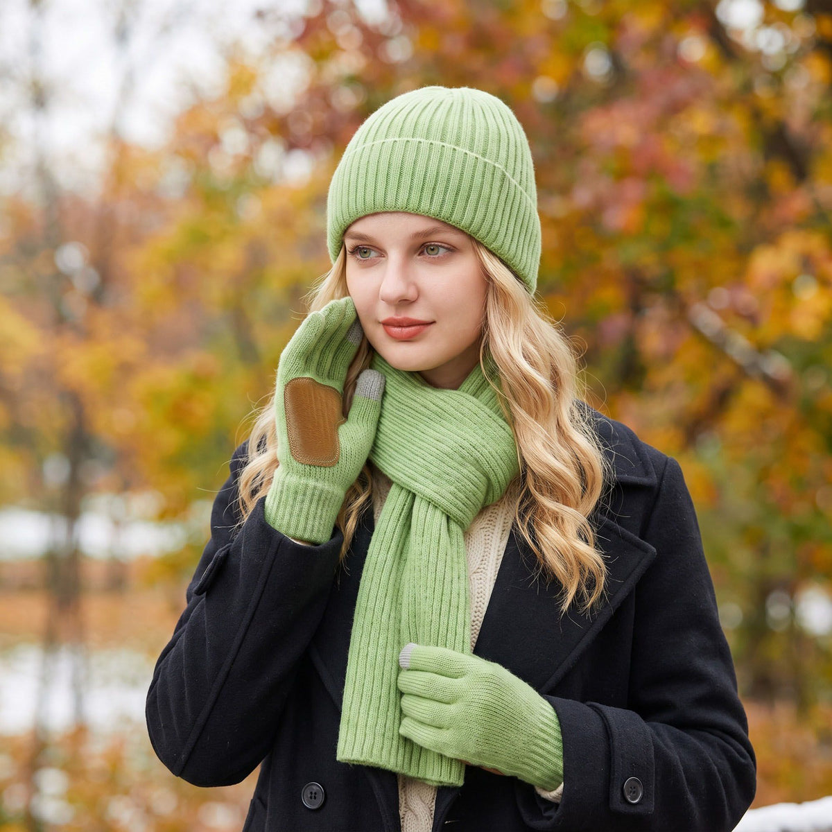 3 Piece Ribbed Knit Beanie Scarf and Touchscreen Gloves Set