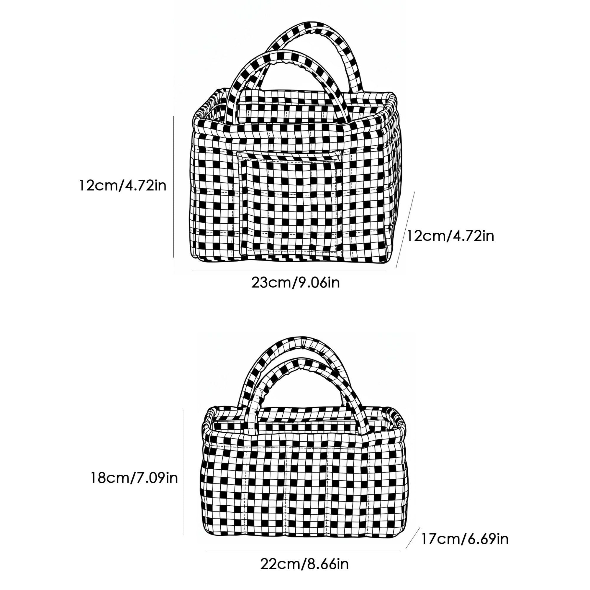 2 Piece Quilted Gingham Storage Tote Set with Handles and Front Pocket