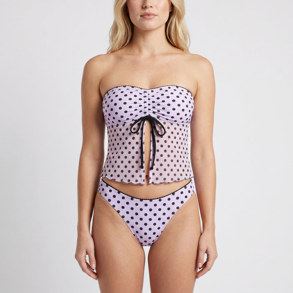 Anna-Kaci Women's Polka Dot 2-Piece Tankini Swimsuit Set with Adjustable Halter Strap Bow Detail Ruched Bust and Mid Rise Bottom