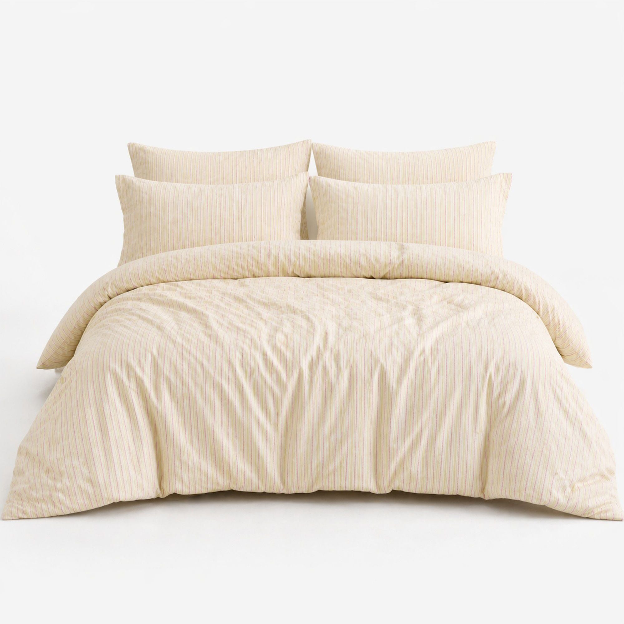 4-Piece Cotton Washed Bedding Set with Duvet Cover Flat Sheet and Pillowcases Striped Woven Design