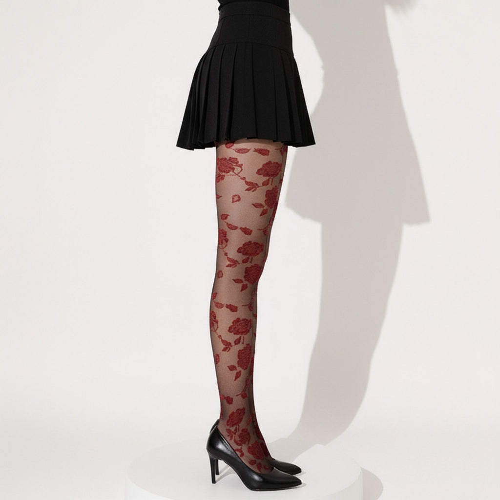 Anna-Kaci Women's Sheer Floral Pattern Tights with Bold Rose Motif and Stretch Mesh Design