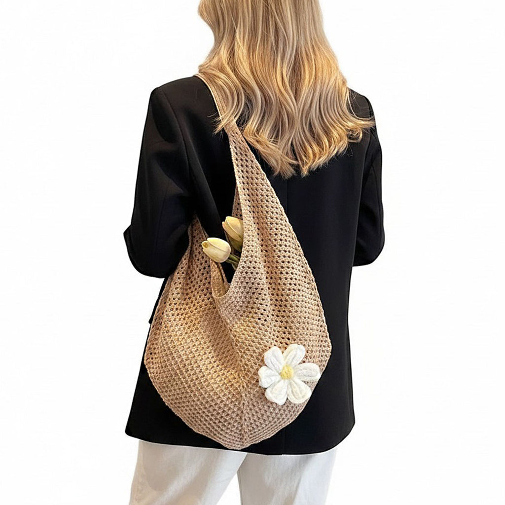 Woven Crochet Hobo Shoulder Bag Lightweight Knit Slouchy Tote with Flower Detail
