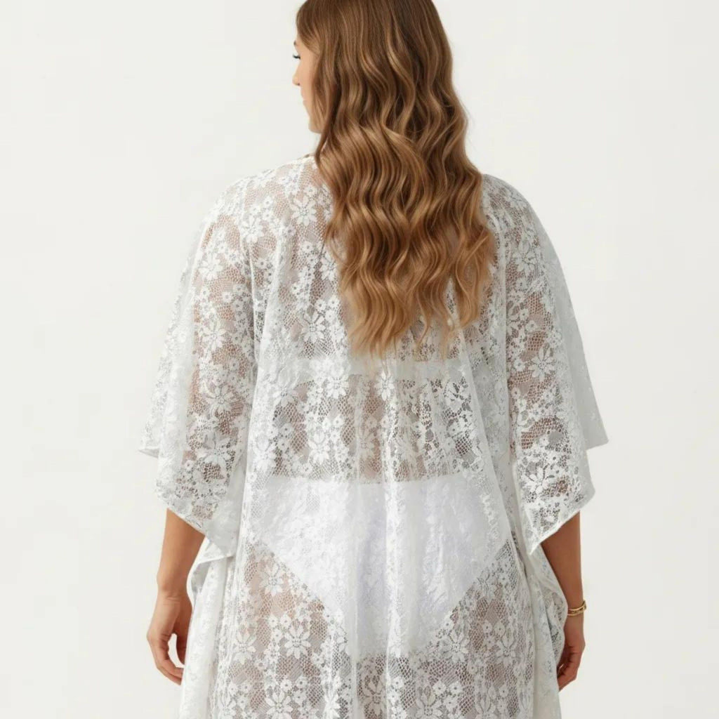 Anna-Kaci Women's Lace Swim Cover Up Cardigan with Crochet Trim Floral Pattern Open Front and Relaxed Sleeves