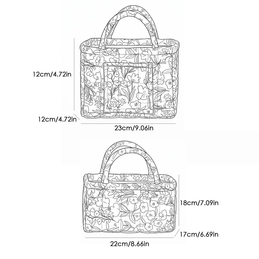 2 Piece Quilted Floral Storage Tote Set with Handles and Front Pocket