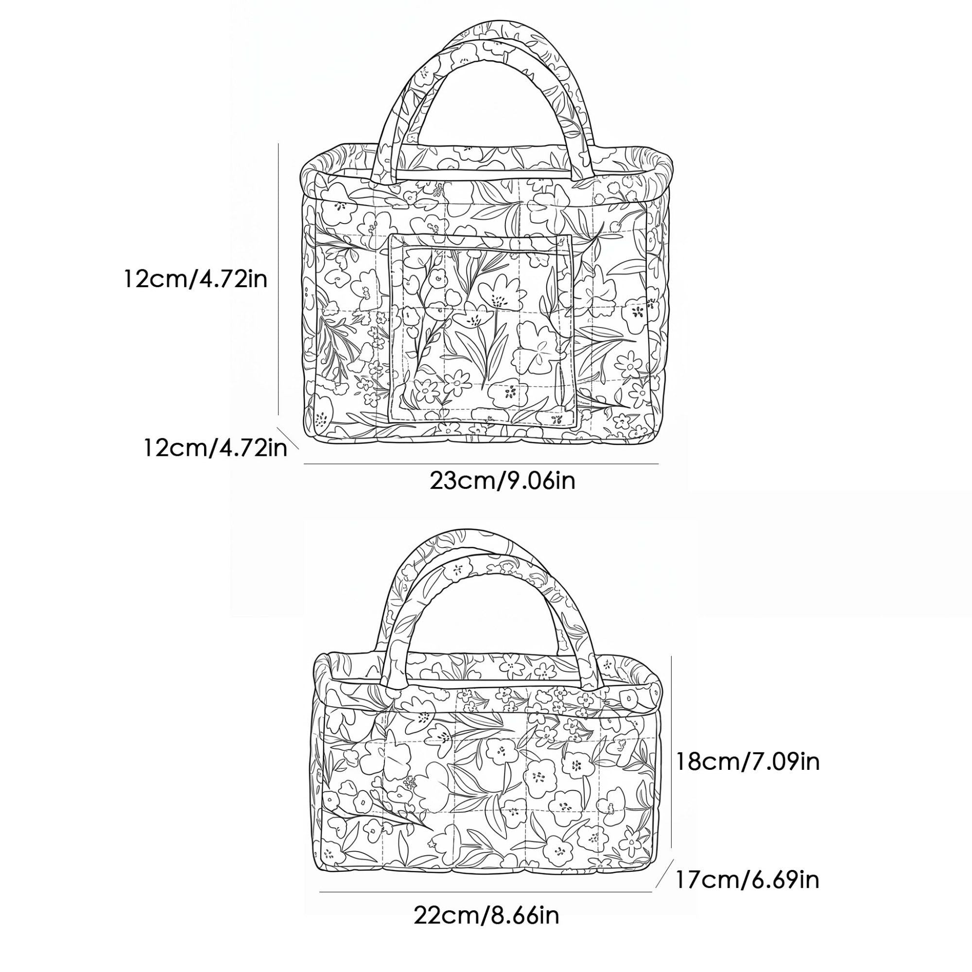 2 Piece Quilted Floral Storage Tote Set with Handles and Front Pocket