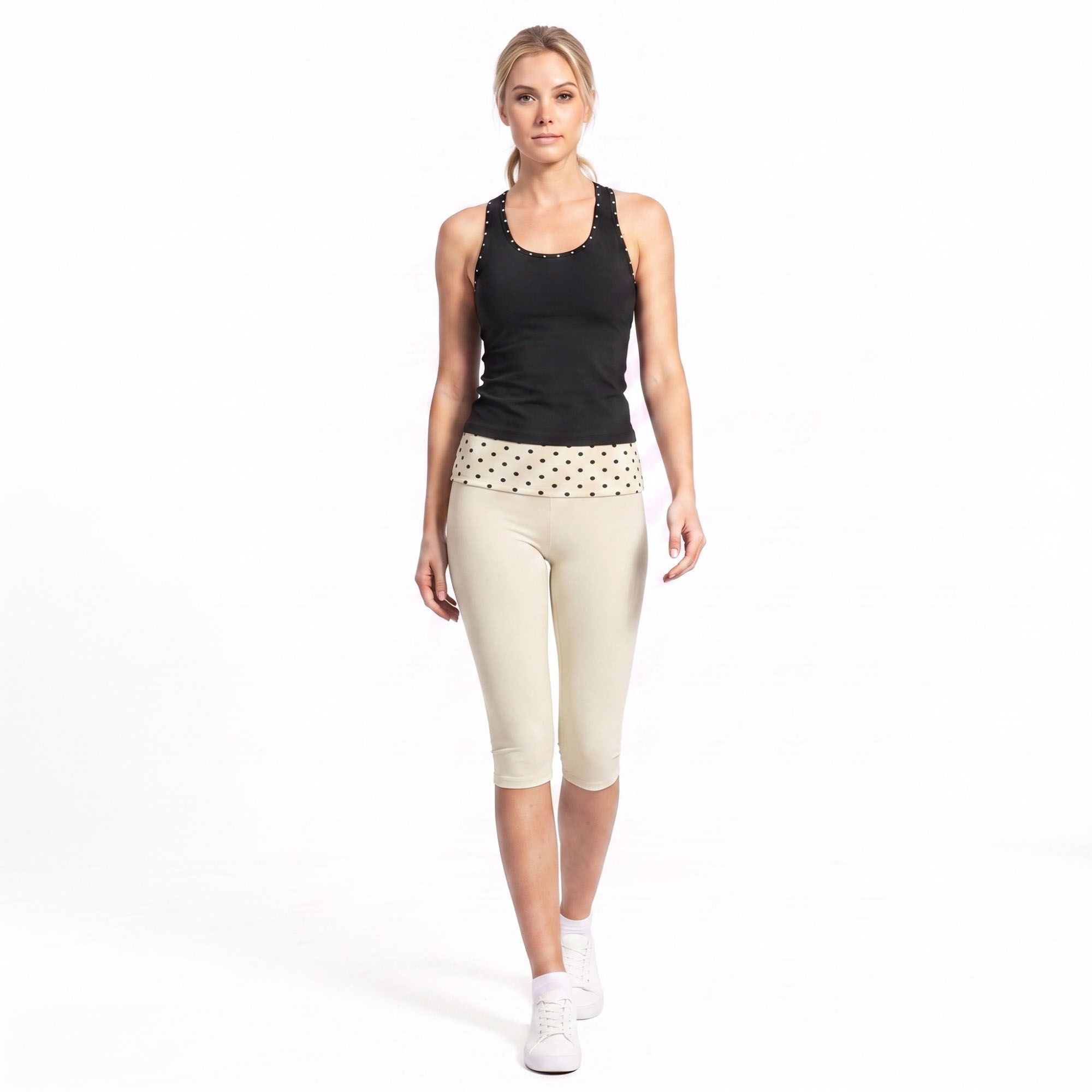Polka Dot Foldover Waist Capri Leggings Fitted Cropped Yoga Pants for Gym Workouts Dance