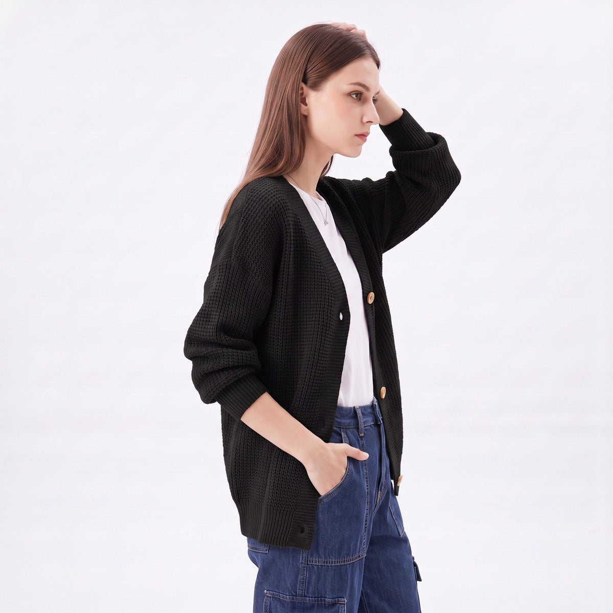 Textured V-Neck Button-Front Cardigan Sweater