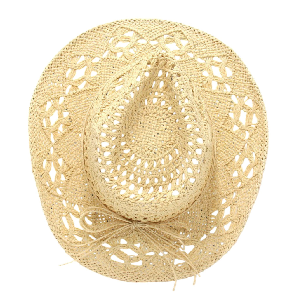 Open Weave Western Sun Hat with Wide Brim and Boho Floral Pattern