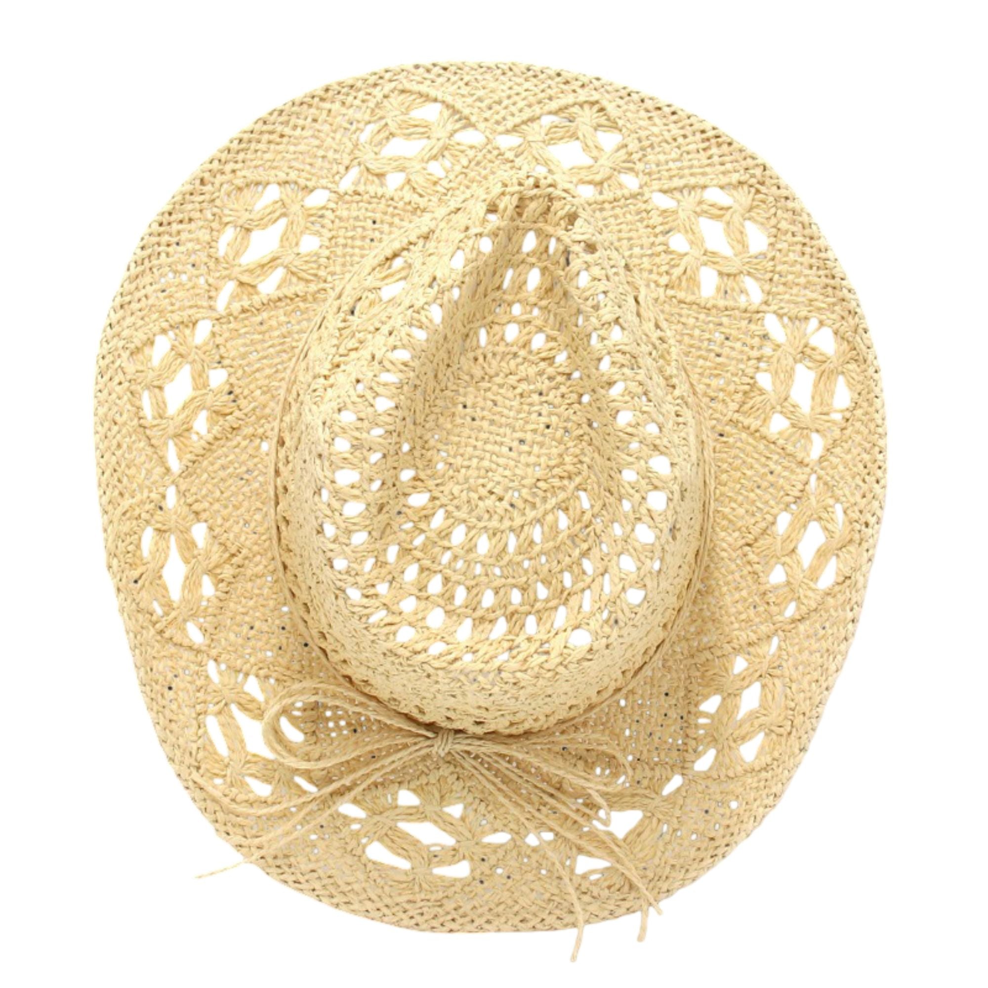 Open Weave Western Sun Hat with Wide Brim and Boho Floral Pattern