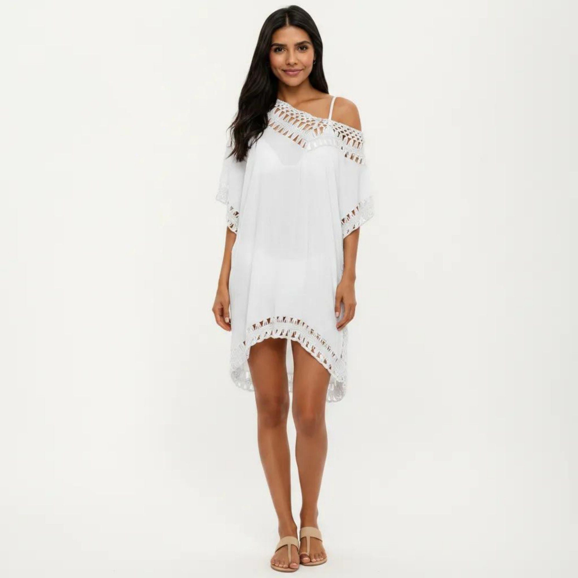 Anna-Kaci Women's Swim Cover Up Dress with Crochet Trim Short Sleeves Relaxed Lightweight Beach Caftan