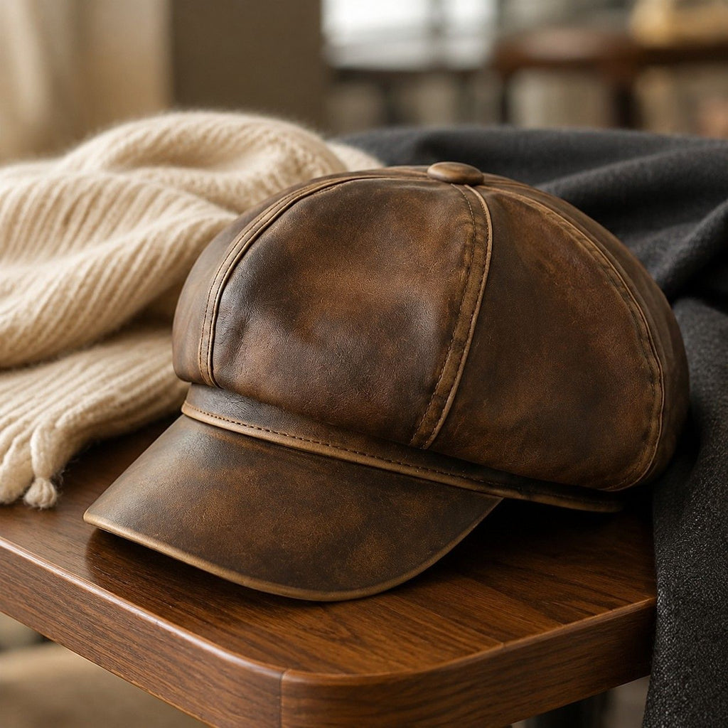Faux Leather Newsboy Cap Vintage Eight Panel Baker Boy Hat Distressed Style