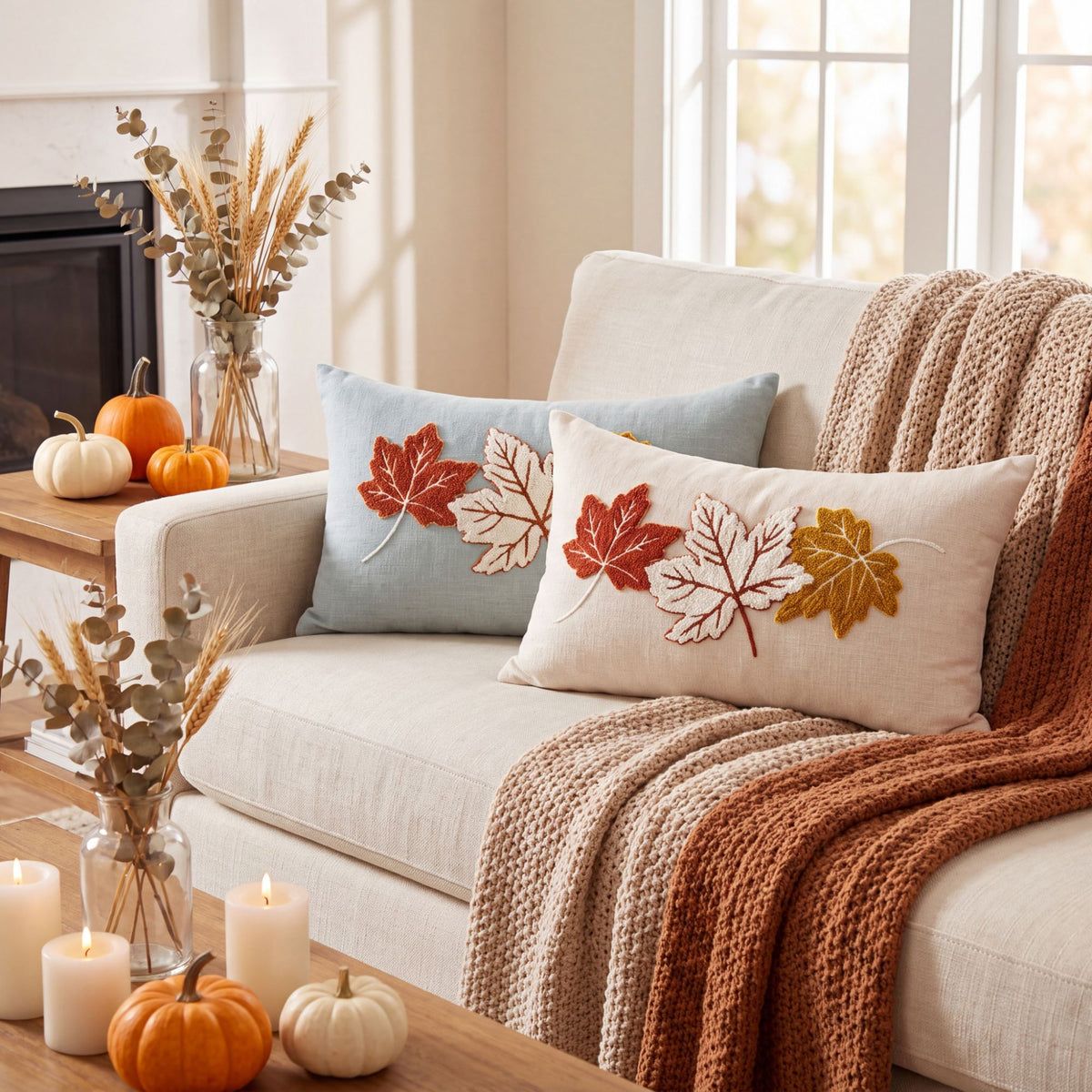Fall Maple Leaf Textured Lumbar Throw Pillow Cover Autumn Sofa Bed Decor