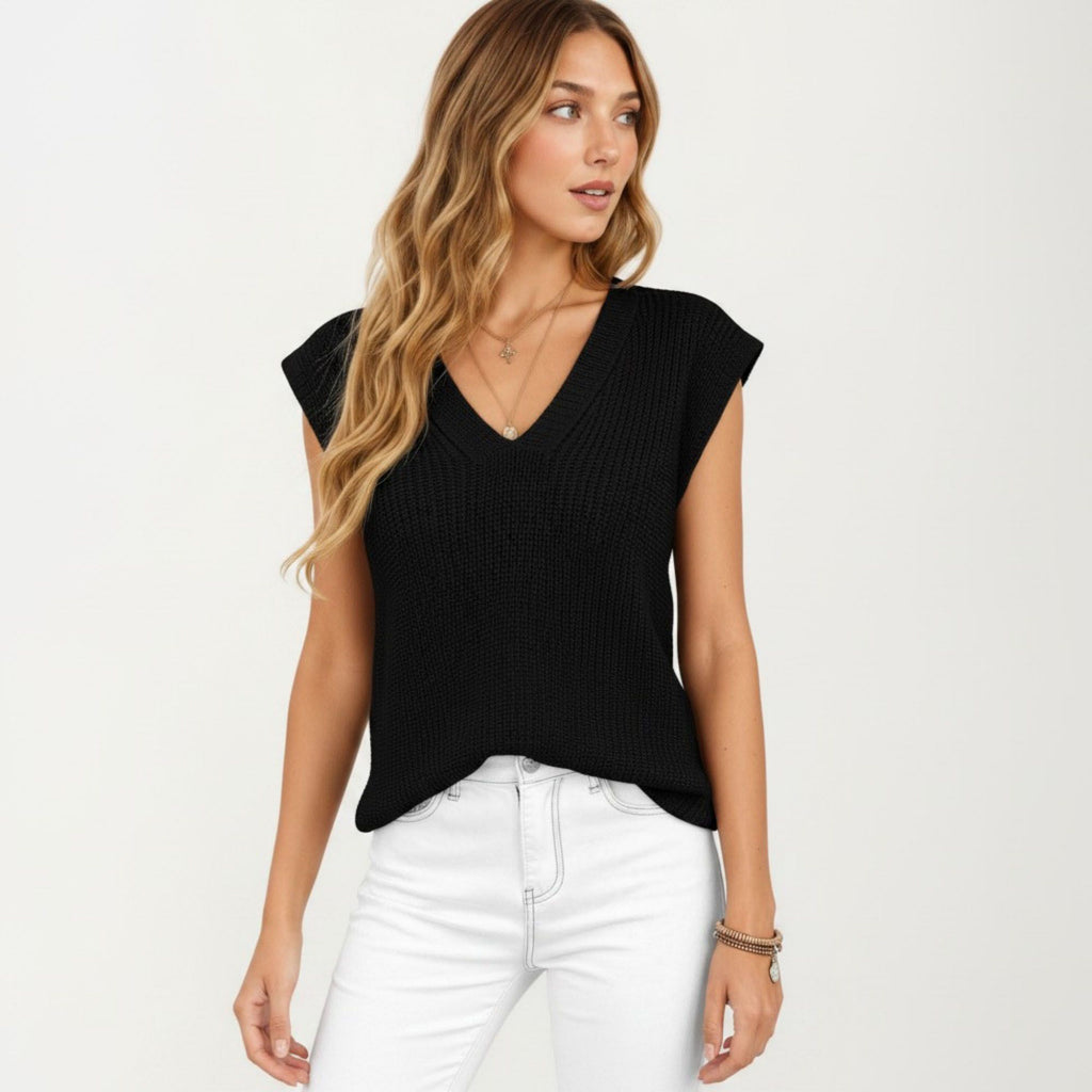 Anna-Kaci Women's Sleeveless Knit Sweater Vest with V Neck Ribbed Trim Relaxed Fit Textured Pullover Top