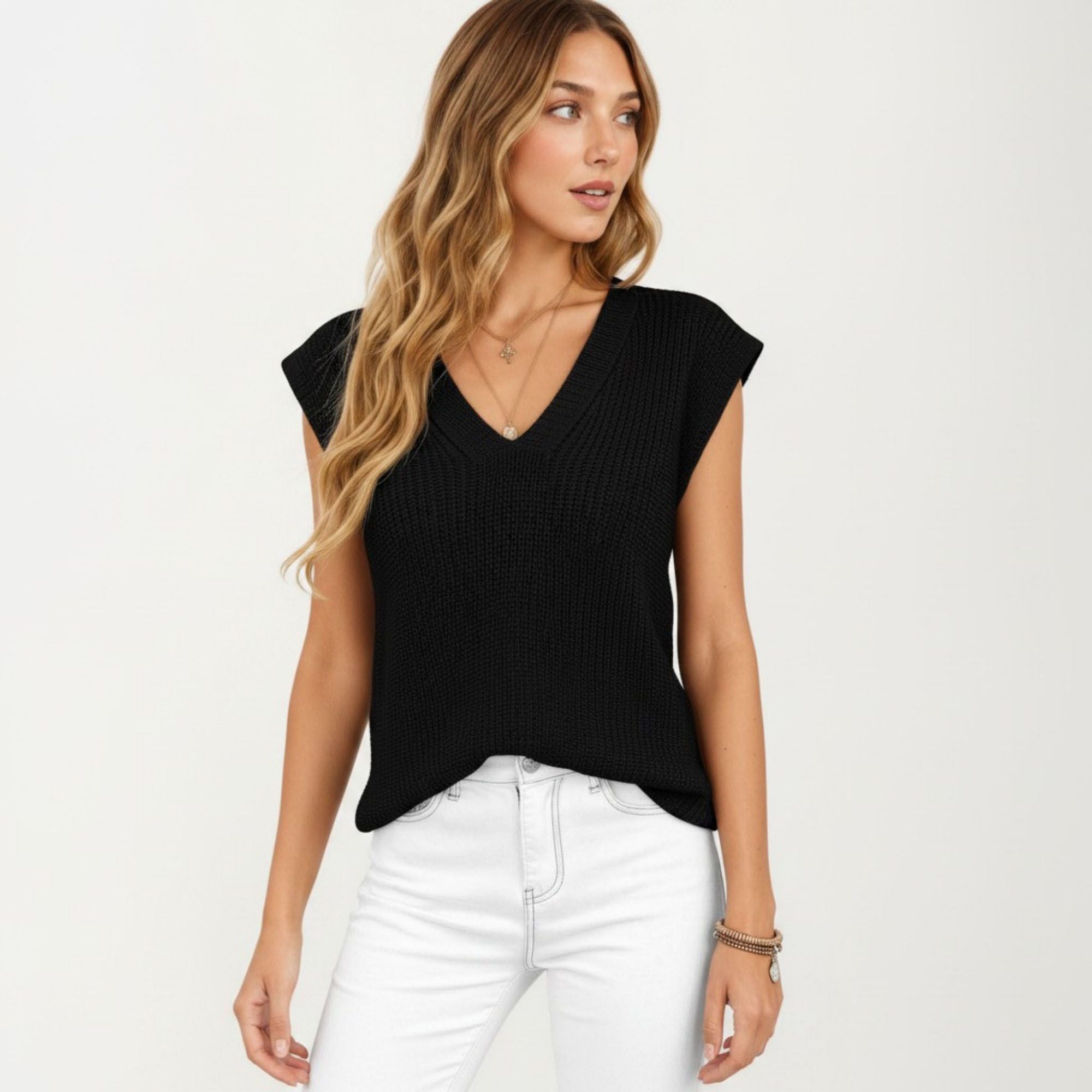Anna-Kaci Women's Sleeveless Knit Sweater Vest with V Neck Ribbed Trim Relaxed Fit Textured Pullover Top