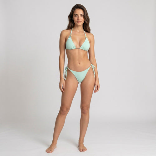 2-Piece Ribbed Triangle Halter Bikini Swimsuit with Beaded Straps Side Tie Bottoms and Smooth Stretch Fit