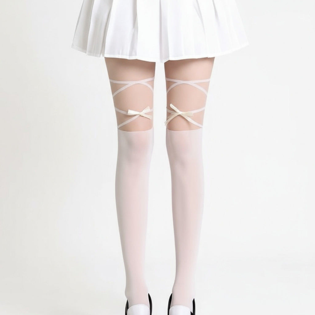 Anna-Kaci Women's Sheer Tights with Crisscross Lace-Up Detail and Opaque Lower Leg Design