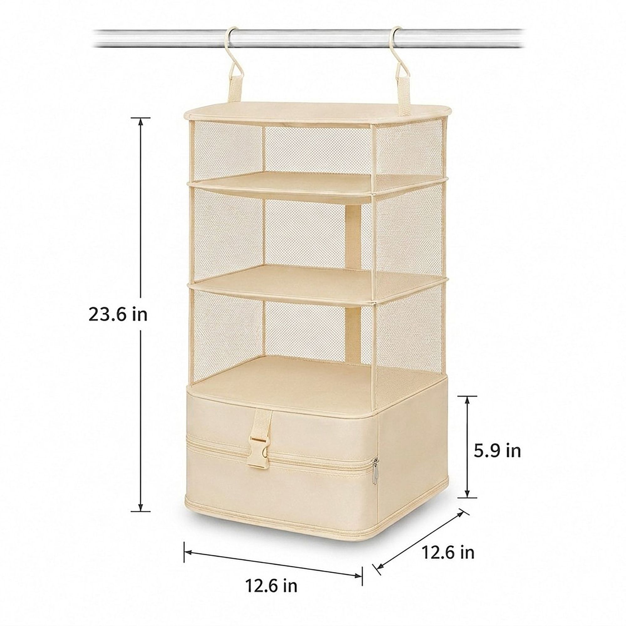 3 Shelf Hanging Closet Organizer with Zipper Storage Compartment and Hooks