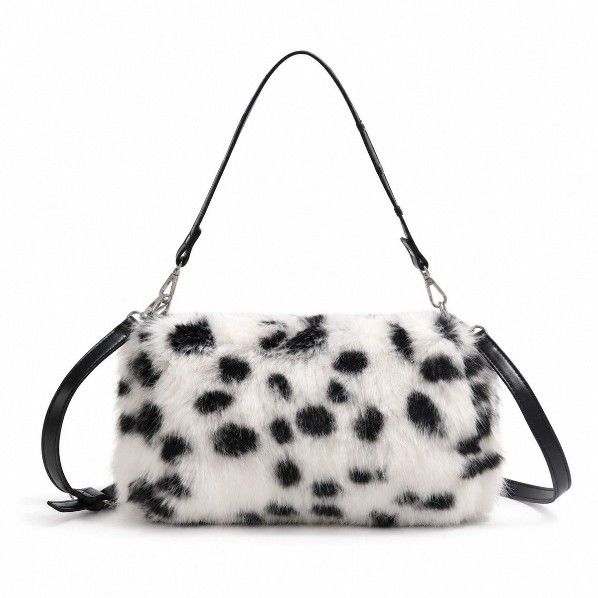 Fluffy Faux Fur Dalmatian Print Shoulder Bag with Chain Detail
