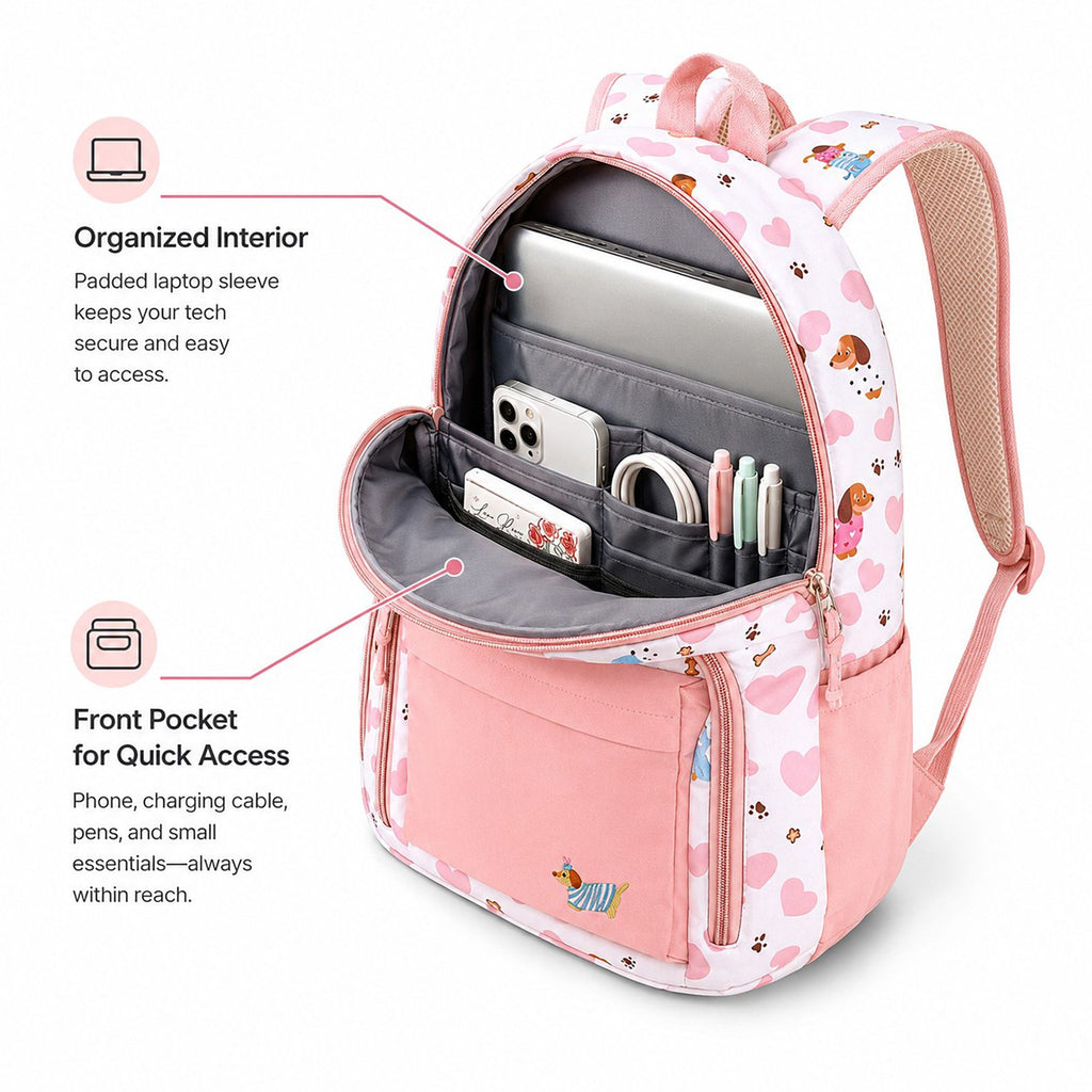 Dog Print School Backpack with Multiple Zip Pockets
