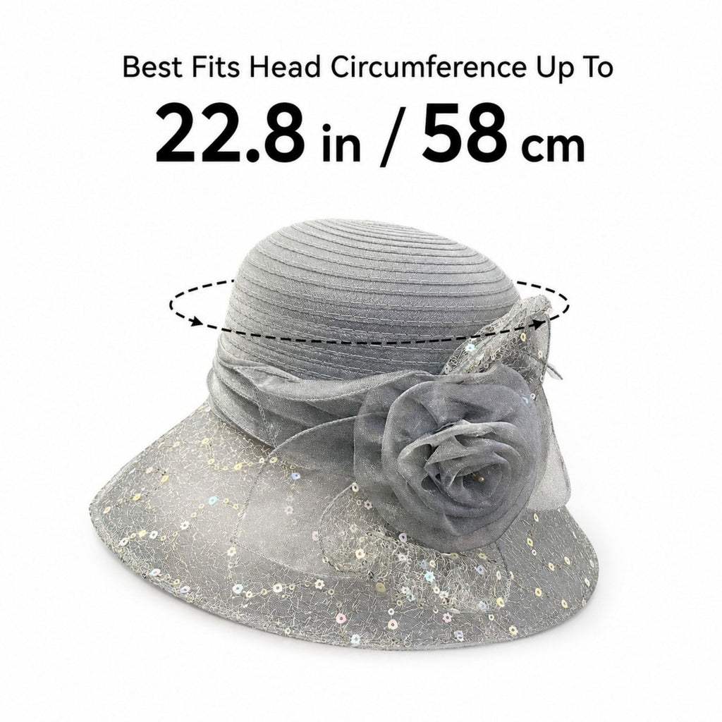 Wide Brim Floral Sun Hat with Sequin Mesh and Rose Accent