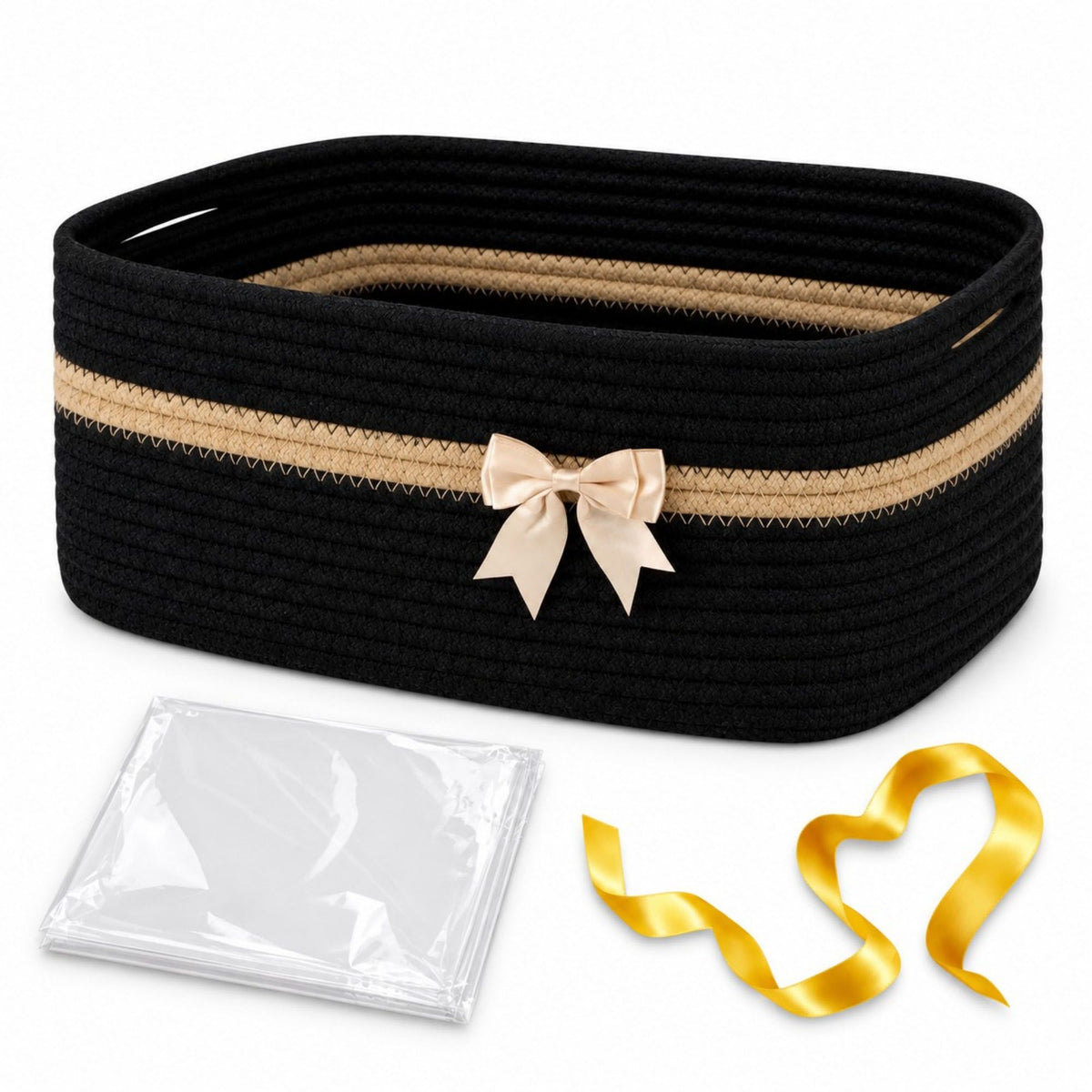 Woven Cotton Cord Rectangular Holiday Storage Basket with Bow