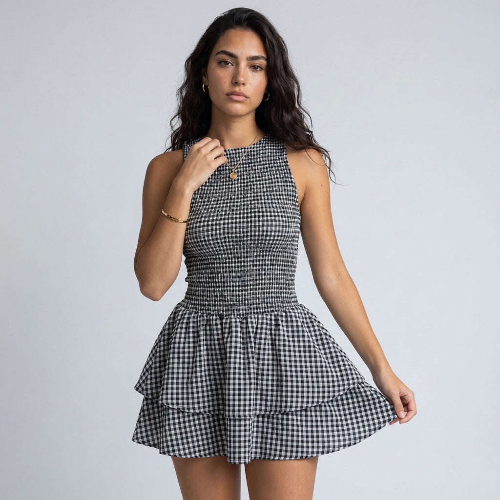 Anna-Kaci Women's Gingham Sleeveless Smocked Mini Dress with Tiered Ruffle Skirt