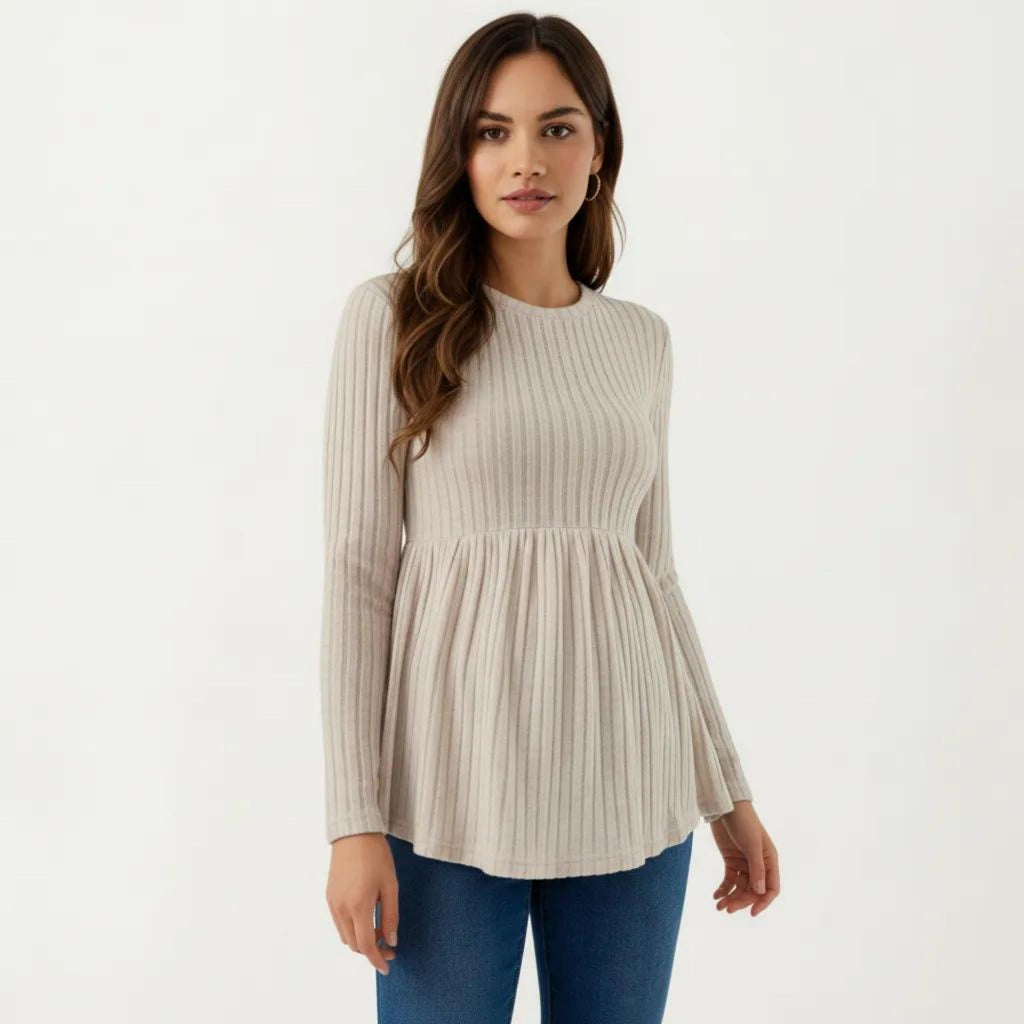 Anna-Kaci Maternity Ribbed Long Sleeve Babydoll Shirt ¨C Empire Waist Peplum Top