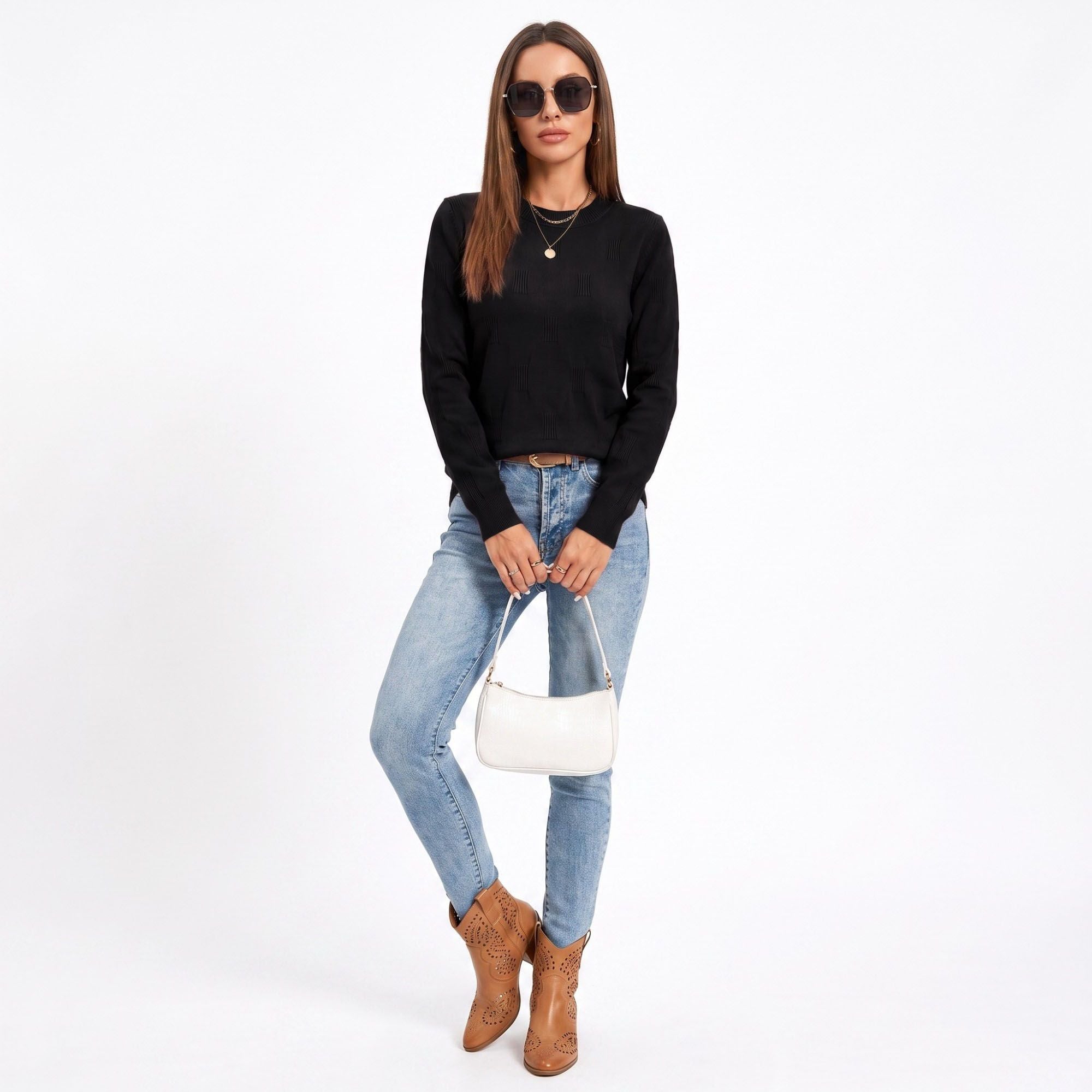 Textured Geometric Crew Neck Long Sleeve Knit Sweater