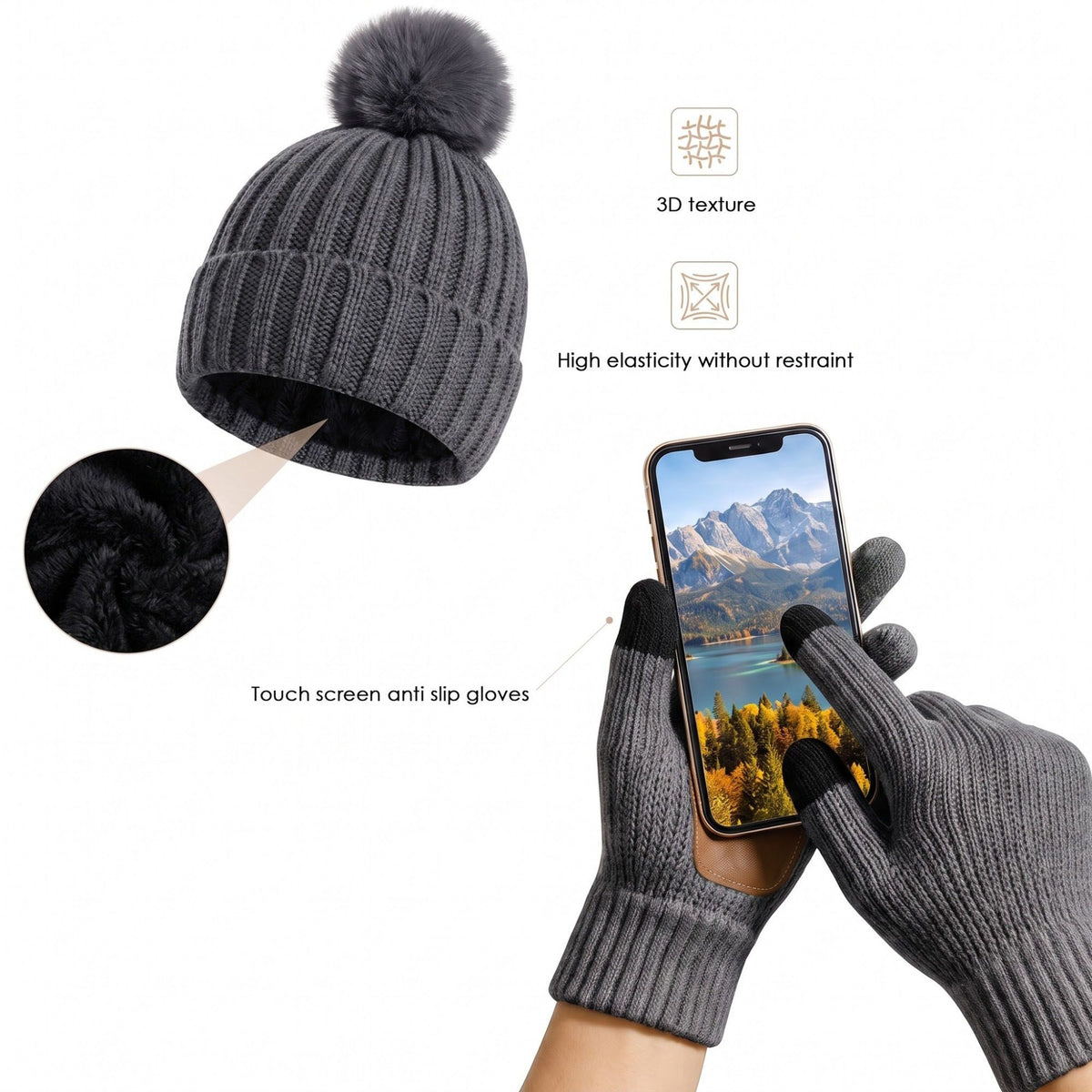 3 Piece Pom Beanie Scarf and Touchscreen Gloves Winter Set