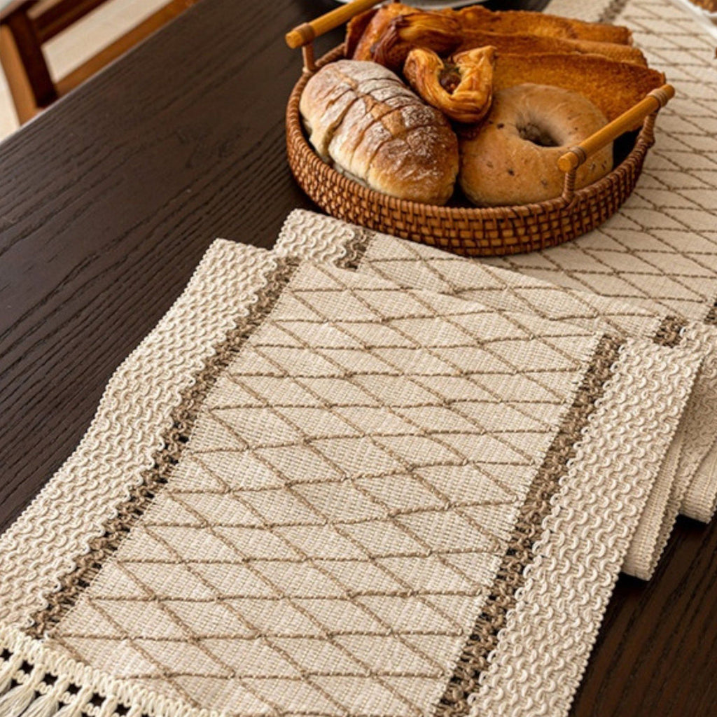 Textured Woven Table Runner with Fringe Trim and Neutral Stripe Pattern 47x11.8 in