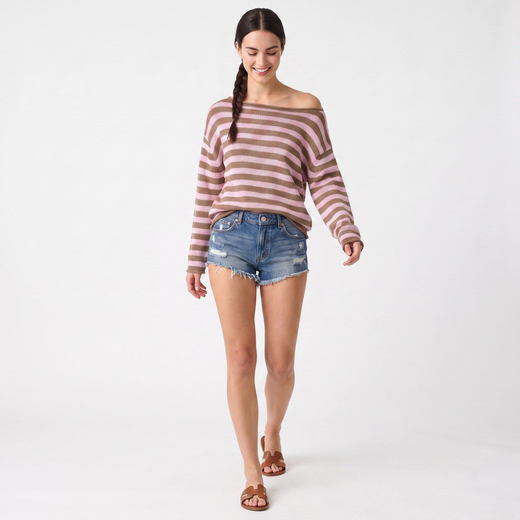 Striped Boat Neck Drop Shoulder Long Sleeve Knit Sweater
