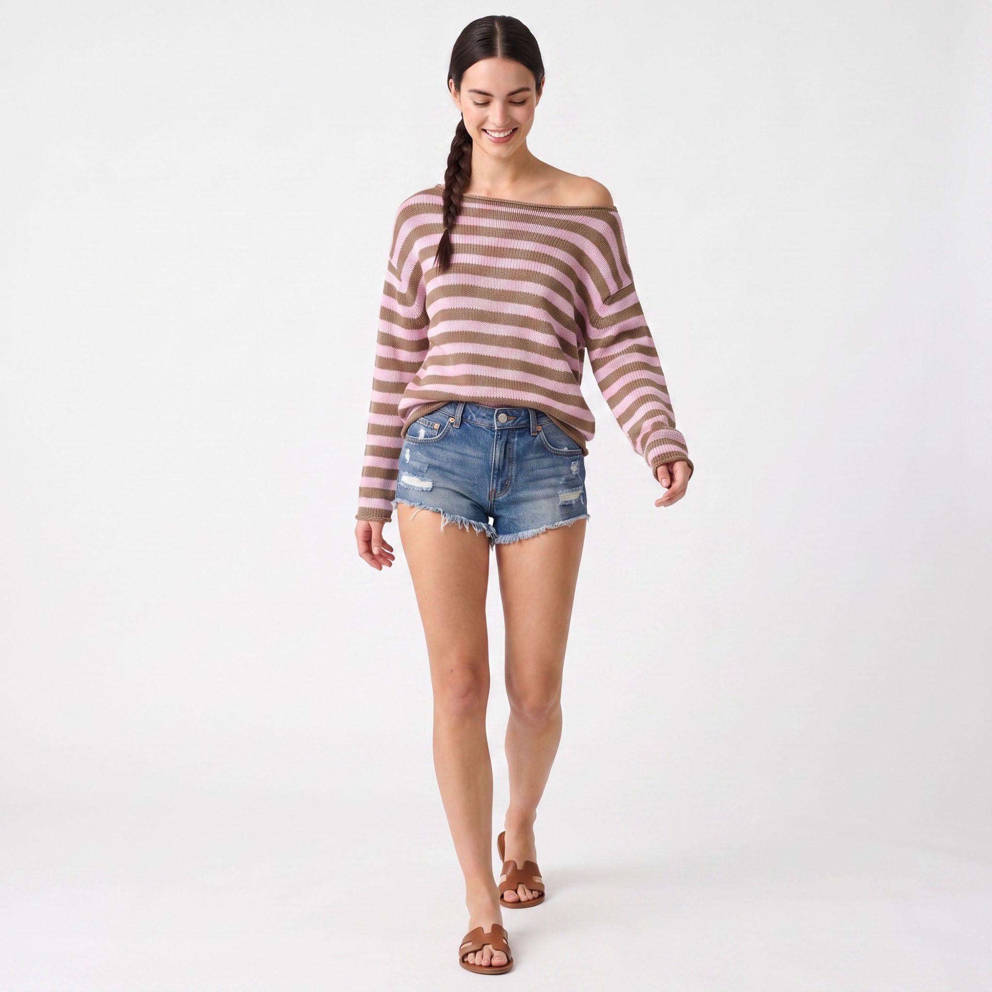 Striped Boat Neck Drop Shoulder Long Sleeve Knit Sweater
