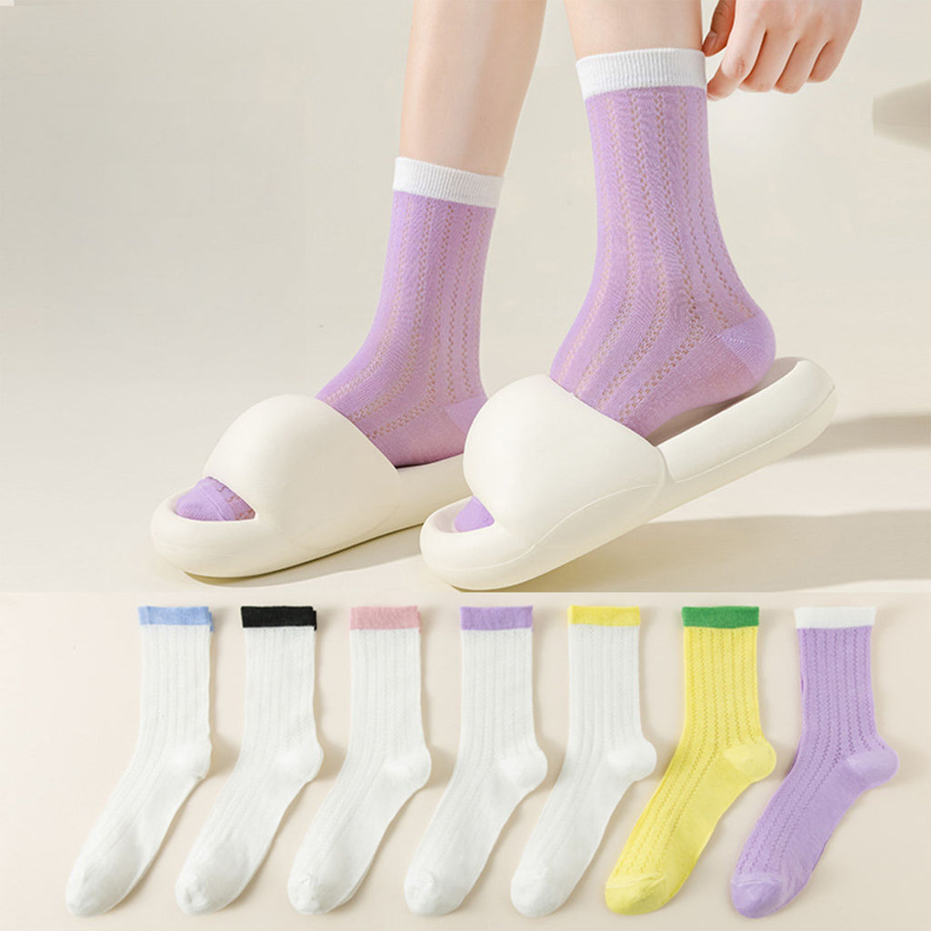 Anna-Kaci 5 Pairs Women's Breathable Lace-Knit Crew Socks with Colored Cuffs Soft Lightweight Anti-Odor for Casual Wear