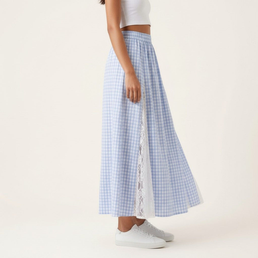 Anna-Kaci Women's Gingham Maxi Skirt Lace Panel High Waist A Line Flowy Lightweight Casual Skirt