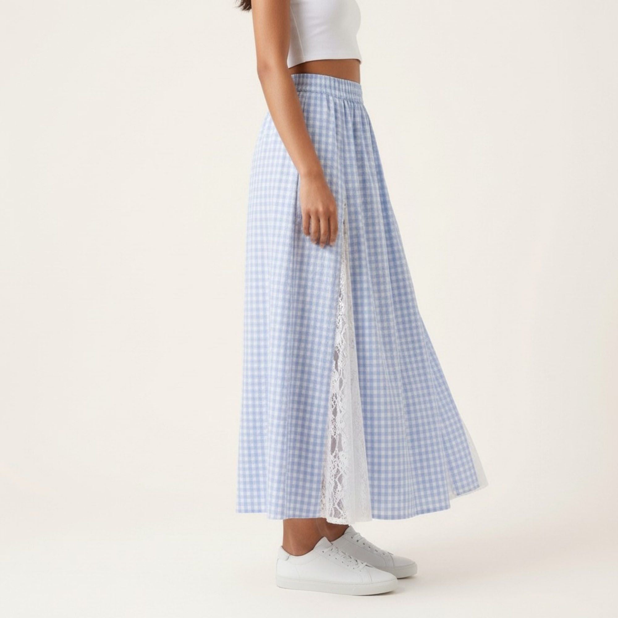 Anna-Kaci Women's Gingham Maxi Skirt Lace Panel High Waist A Line Flowy Lightweight Casual Skirt