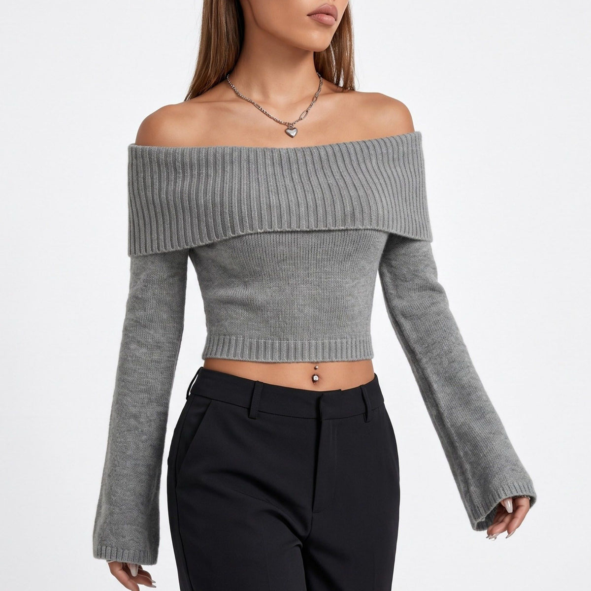 Off Shoulder Foldover Cropped Knit Sweater