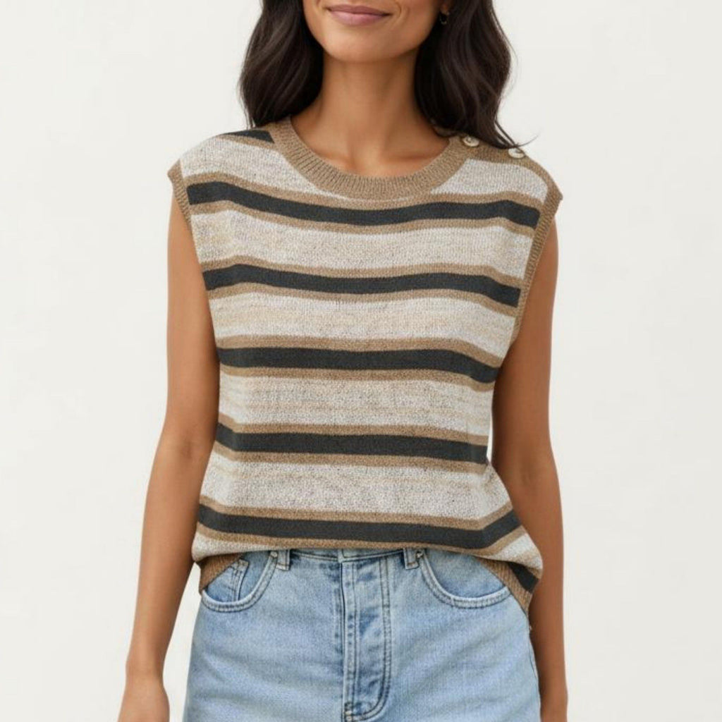 Anna-Kaci Women's Sleeveless Striped Knit Top with Shoulder Button Detail and Relaxed Fit