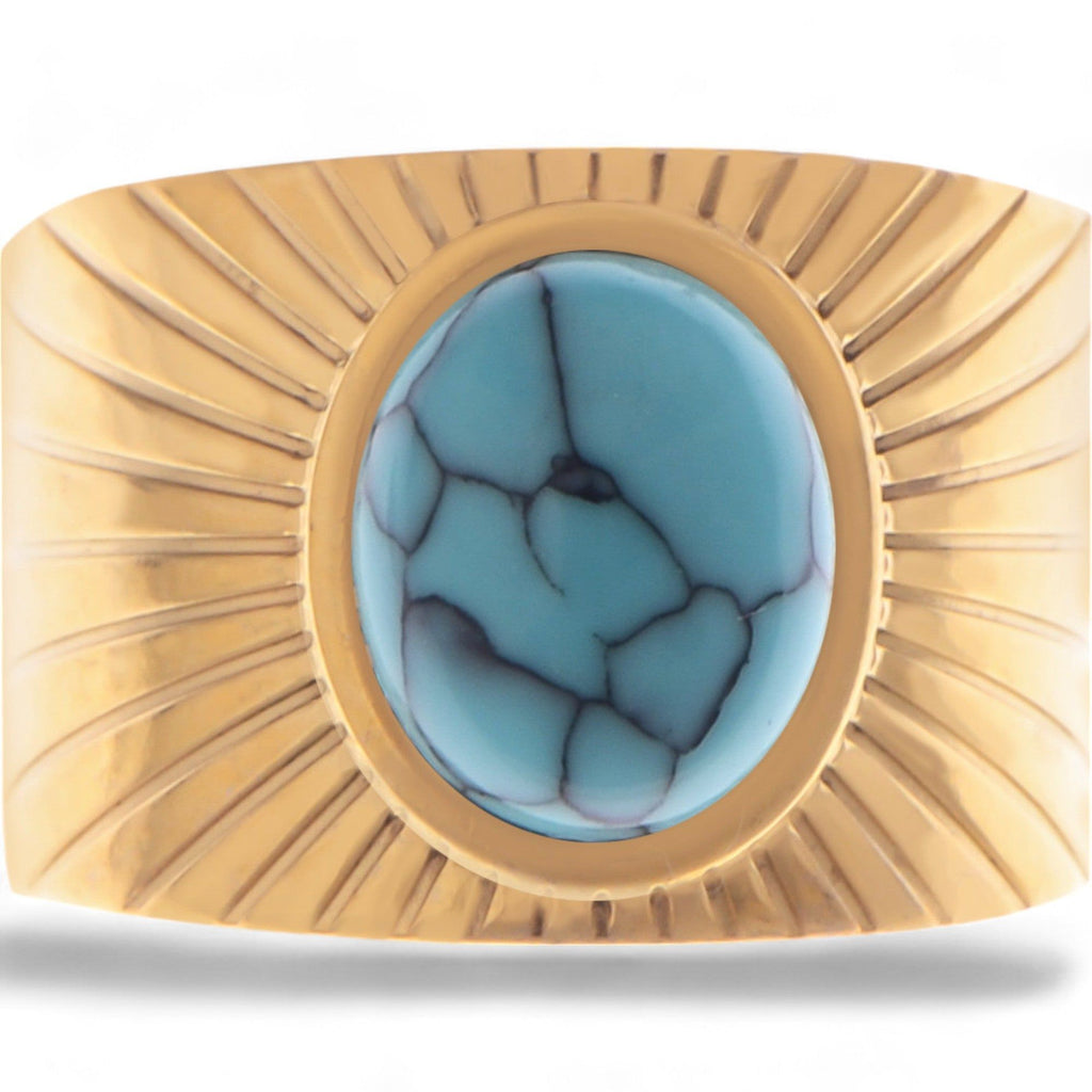 Women's Wide Statement Ring Gold Tone with Round Stone Marble-Like Stone and Textured Details