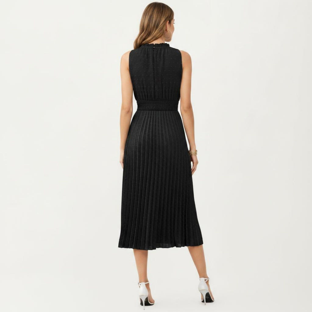Anna-Kaci Women's Sleeveless Midi Dress with Pleated Skirt and Tie Neck Detail