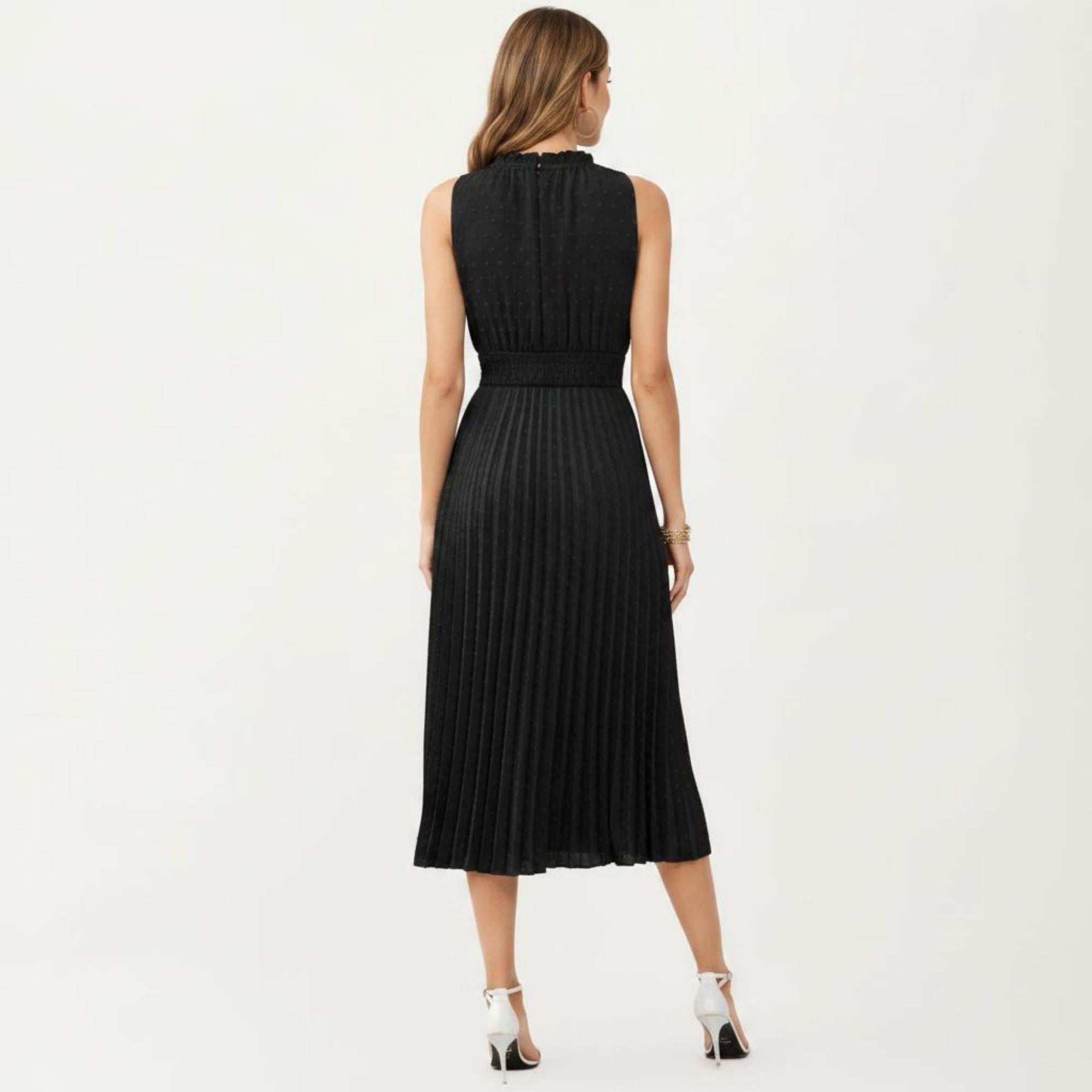 Anna-Kaci Women's Sleeveless Midi Dress with Pleated Skirt and Tie Neck Detail