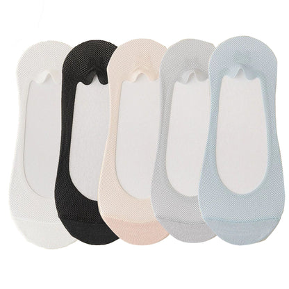 Anna-Kaci 5 Pairs Women No Show Mesh Panel Socks Low Cut Stretch Cotton Liner Non-Slip Design for Ballet Flats and Loafers