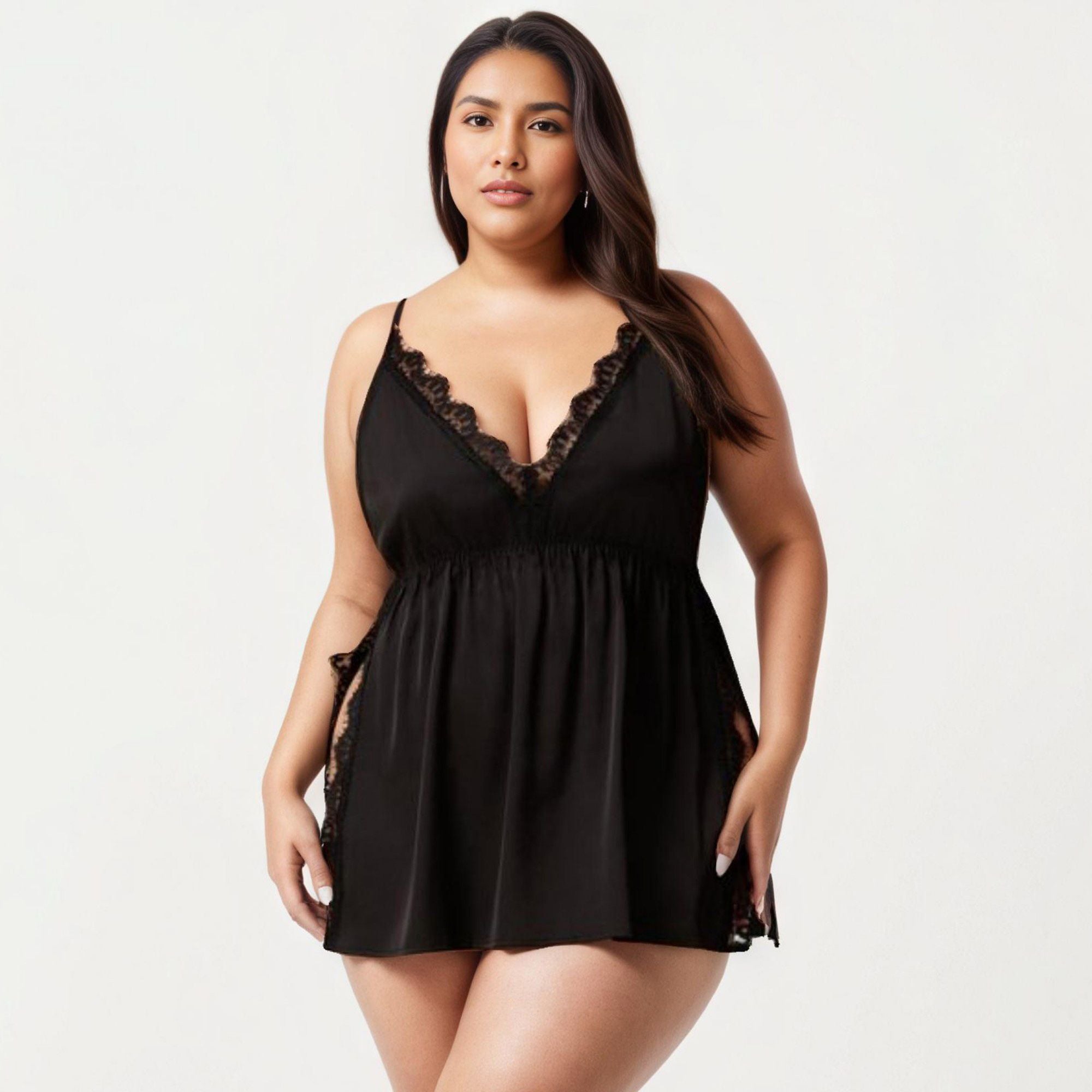 Anna-Kaci Lounge Women's Plus Size Babydoll Chemise Lace Trim Nightgown Adjustable Strap Flowy Sleep Dress