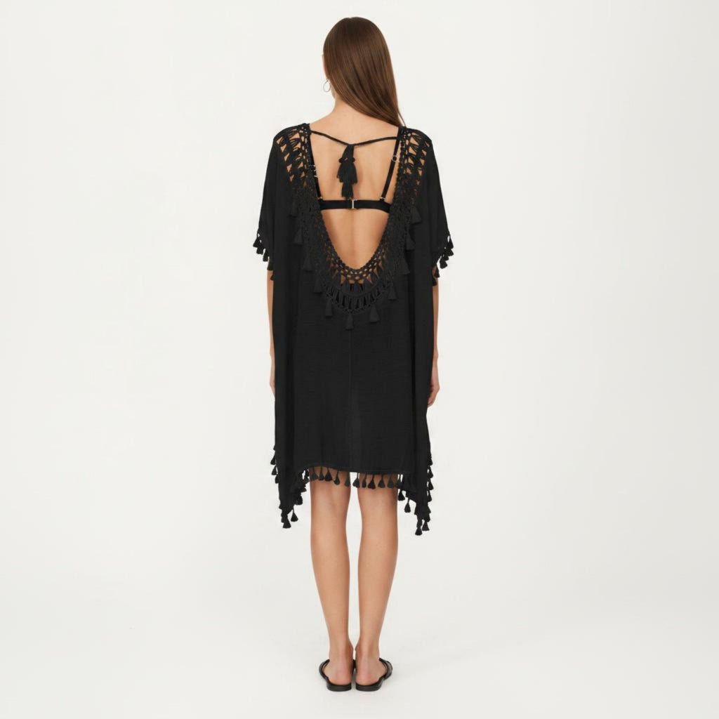 Anna-Kaci Women's Sheer Crochet V Neck Swim Cover Up Poncho with Tassel Trim and Flowy Silhouette